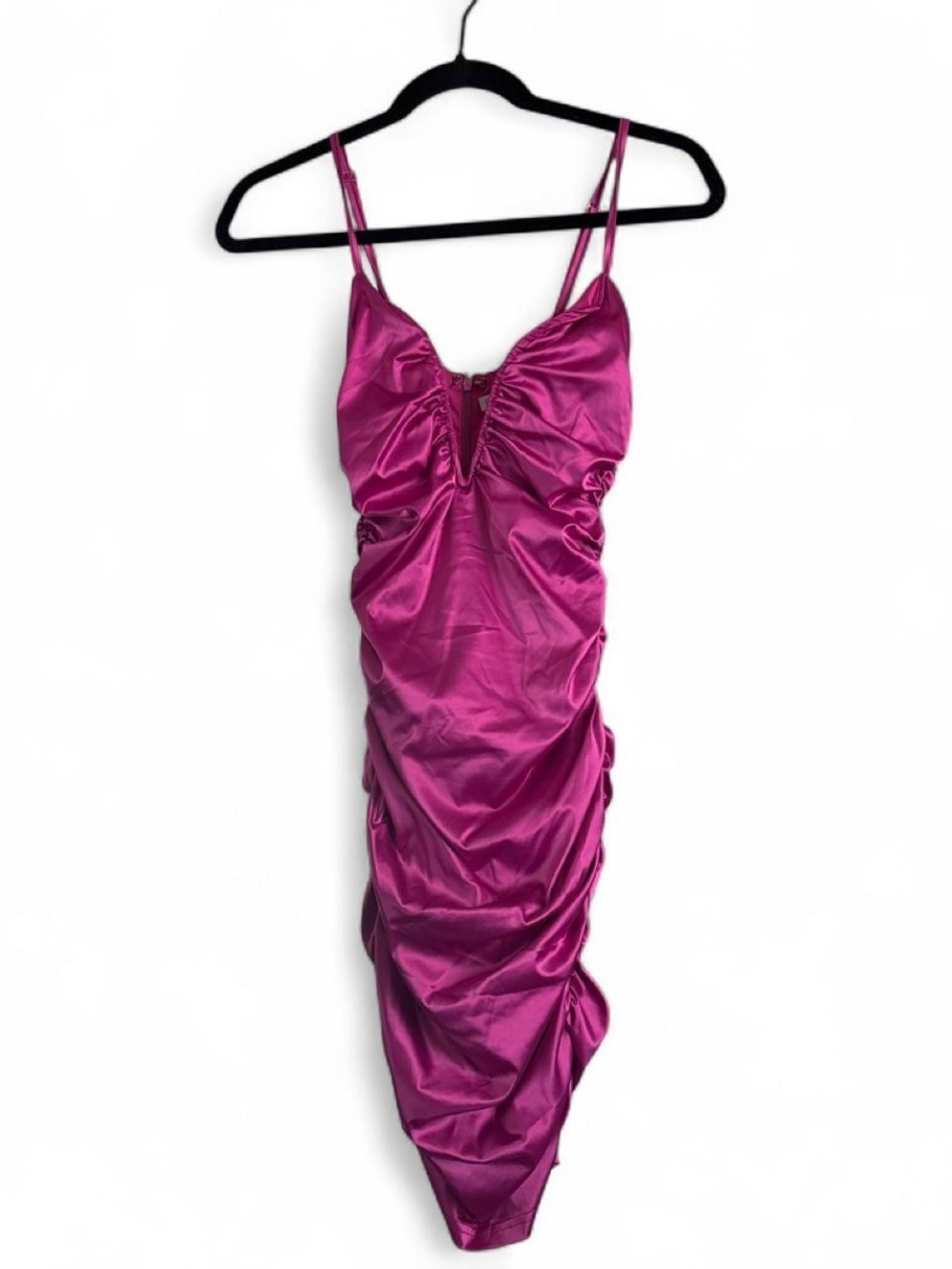 Fashion Nova Fuchsia Satin Ruched Slip Dress